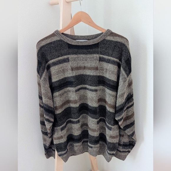 Vintage Chenille Abstract Geometric Patterned Crewneck Sweater In Gray/Brown - Picture 2 of 12